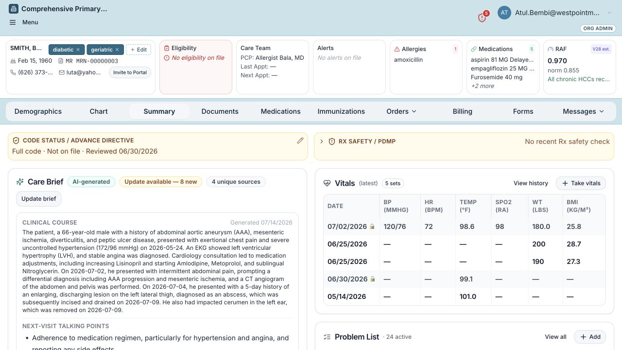 ReasonMD Ben Smith Care Brief screenshot using synthetic patient data