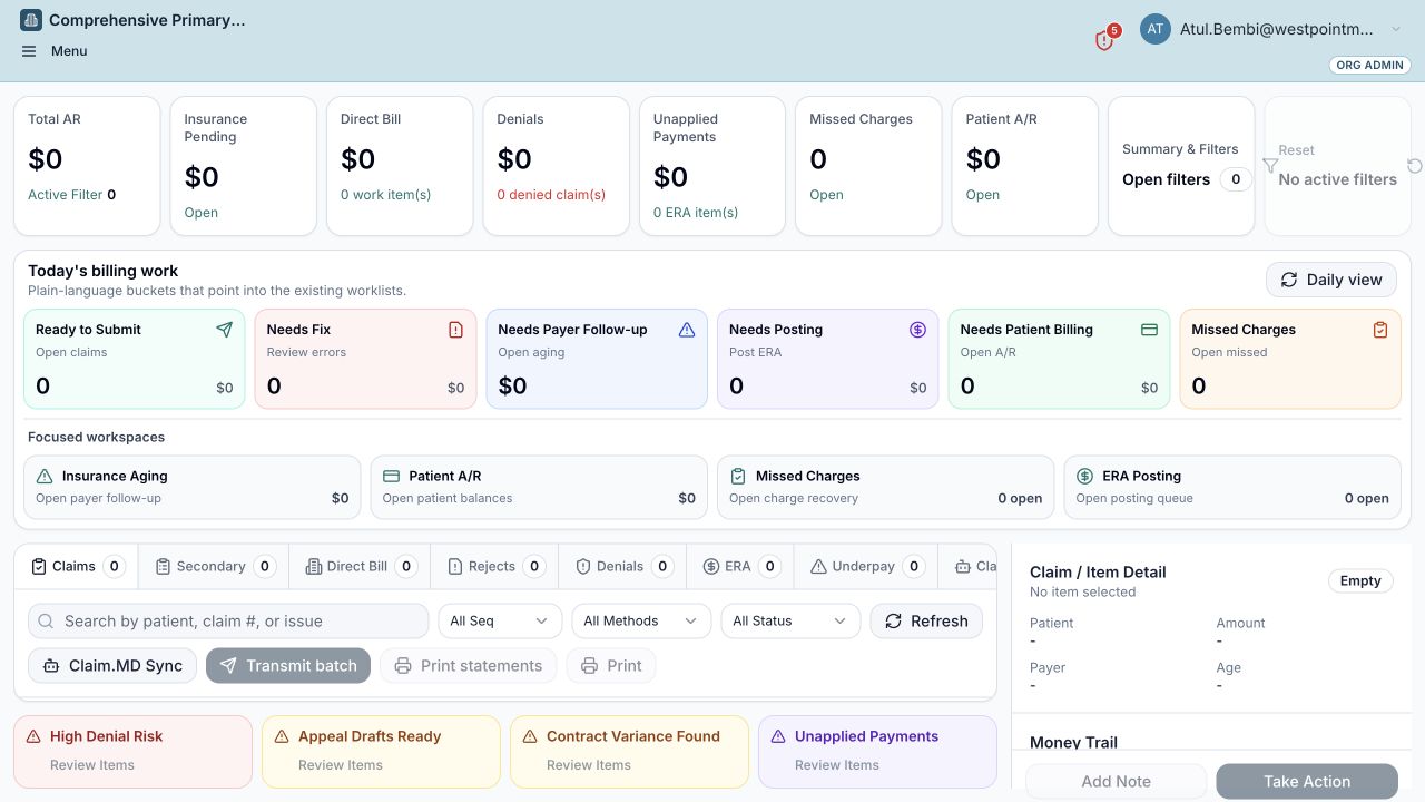 ReasonMD Billing Command Center showing daily billing work buckets, focused workspaces, and claim detail.