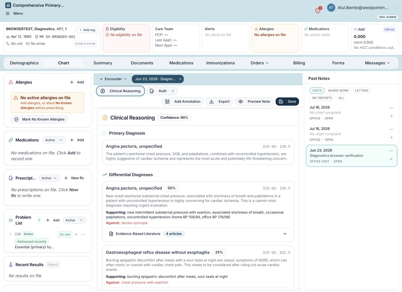 ReasonMD Clinical reasoning screenshot using synthetic patient data