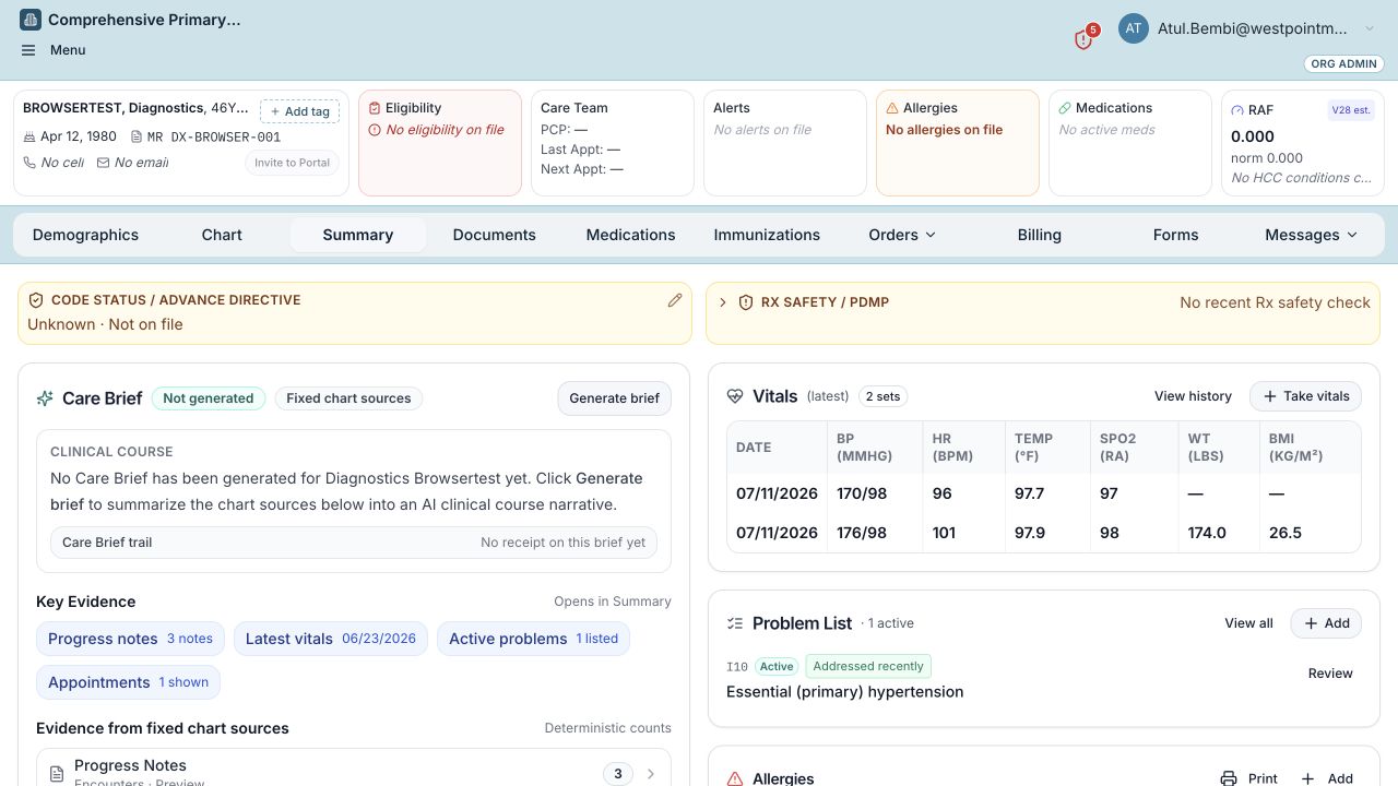 ReasonMD synthetic patient summary showing chart context, vital signs, problems, allergies, and evidence sources.